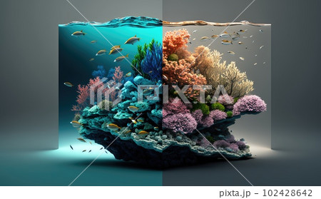 Result of human ecological activity. Colorful coral reef underwater with fish, before and after water pollution. Ai generation. Concept of ecological disaster and Global warming 102428642