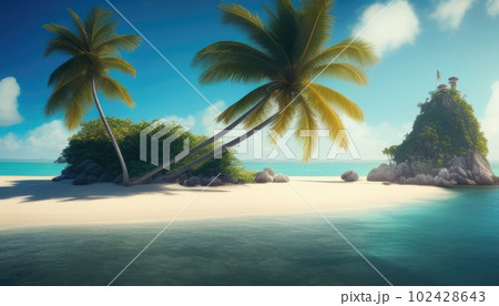 Idyllic paradise sandy beach, marked with blue flag, and coconut palms with turquoise waters of ocean. Generative Ai. Copy space. Concept of summer vacation and resort Idyllic paradise sandy beach, marked with blue flag, and coconut palms with turquoise waters of ocean. Generative Ai. Copy space. Concept of summer vacation and resort 102428643