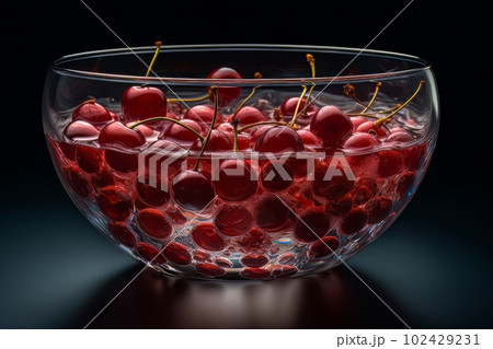 Ripe appetizing cherries in a large transparent glass bowl with water on the table made with generative AI Ripe appetizing cherries in a large transparent glass bowl with water on the table made with generative AI 102429231