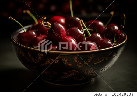 Large ripe juicy tasty cherries in a ceramic bowl on a dark background made with generative AI Large ripe juicy tasty cherries in a ceramic bowl on a dark background made with generative AI 102429233