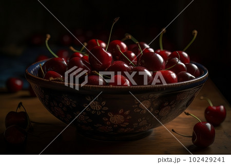 Large ripe juicy tasty cherries in a ceramic bowl on a dark background made with generative AI 102429241