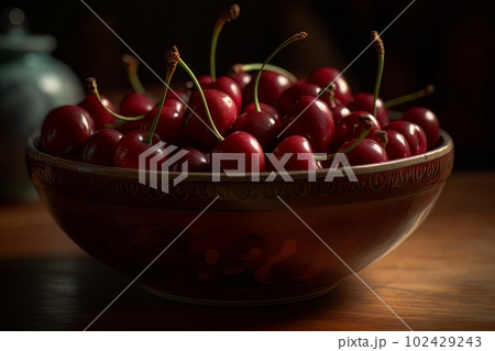Large ripe juicy tasty cherries in a ceramic bowl on a dark background made with generative AI Large ripe juicy tasty cherries in a ceramic bowl on a dark background made with generative AI 102429243