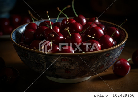 Large ripe juicy tasty cherries in a ceramic bowl on a dark background made with generative AI Large ripe juicy tasty cherries in a ceramic bowl on a dark background made with generative AI 102429256