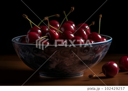 Large ripe juicy tasty cherries in a ceramic bowl on a dark background made with generative AI 102429257
