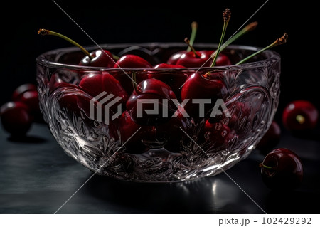 Ripe appetizing cherries in a large transparent glass bowl on the table made with generative AI 102429292