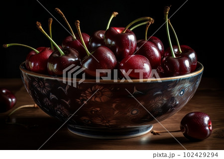 Large ripe juicy tasty cherries in a ceramic bowl on a dark background made with generative AI 102429294