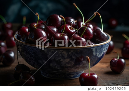 Large ripe juicy tasty cherries in a ceramic bowl on a dark background made with generative AI 102429296