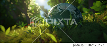 A glass globe nestled on a bed of emerald green moss, a perfect representation of Earth's fragility and the need for conservation. World Environment Day. AI Generative. 102429473