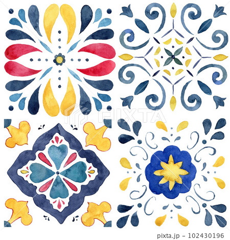 Watercolor abstract seamless pattern consisting of blue, red, yellow elements and Mediterranean tiles. Hand painted illustration isolation on white background for design, print, fabric or background. Watercolor abstract seamless pattern consisting of blue, red, yellow elements and Mediterranean tiles. Hand painted illustration isolation on white background for design, print, fabric or background. 102430196