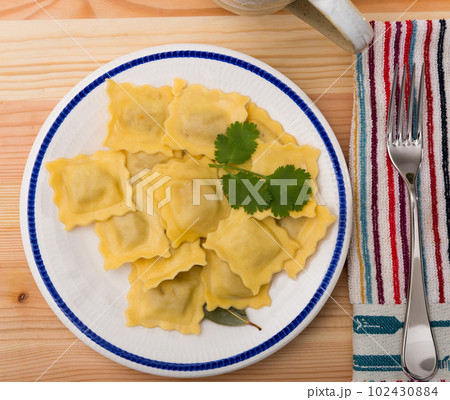 Plate of freshly boiled ravioli 102430884