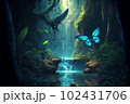 Fantasy forest or jungle with waterfall scene AI Generative	 102431706