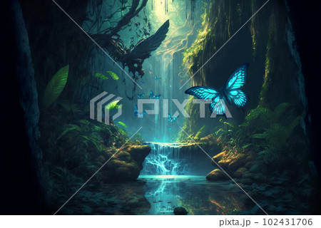 Fantasy forest or jungle with waterfall scene AI Generative	 102431706