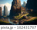 Fantasy stronghold or town by the river scene AI generative	 102431707