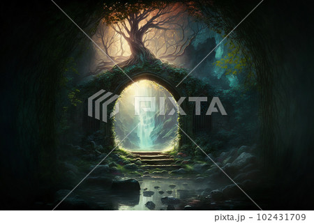 Fantasy forest gateway or portal scene AI Generative	 102431709