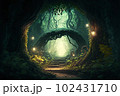 Fantasy forest path through arch scene AI Generative	 102431710