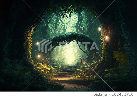 Fantasy forest path through arch scene AI Generative	 102431710