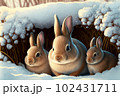 Cute rabbits in snow scene AI generative	 102431711