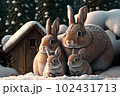 Group of rabbits in the snow AI generative	 102431713