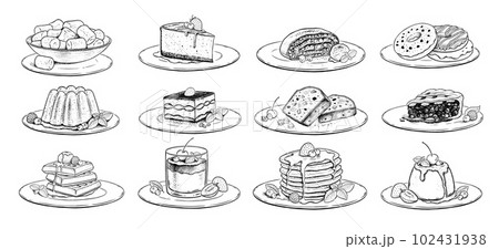 Vector sketchy illustrations set of desserts and sweet food on plates 102431938