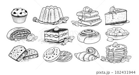 Vector sketchy illustrations set of desserts and sweet food 102431944