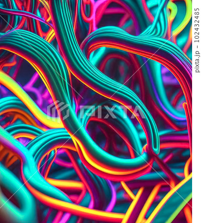 Illustration of a bright fantastic neon background made of multi-colored wires. 102432485