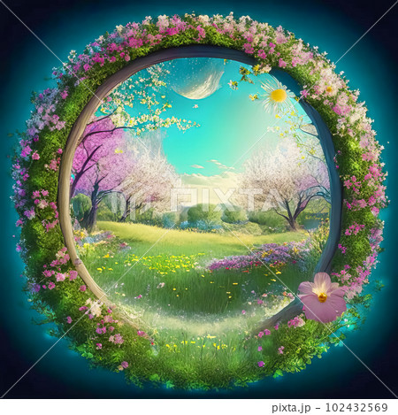 Magical meadow with spring flowering trees. Round frame with copy space Magical meadow with spring flowering trees. Round frame with copy space 102432569