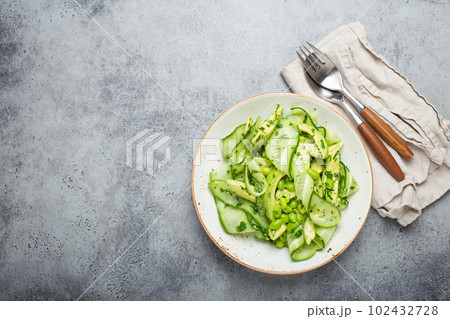 Healthy vegan green avocado salad bowl with sliced cucumbers, edamame beans, olive oil and herbs on ceramic plate top view, grey stone rustic table background. Copy space Healthy vegan green avocado salad bowl with sliced cucumbers, edamame beans, olive oil and herbs on ceramic plate top view, grey stone rustic table background. Copy space 102432728