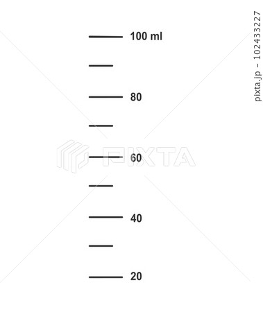 Scale with 100 ml liquid volume for measuring cups to preparing cooking or chemistry flasks isolated on white background. Vector graphic illustration 102433227