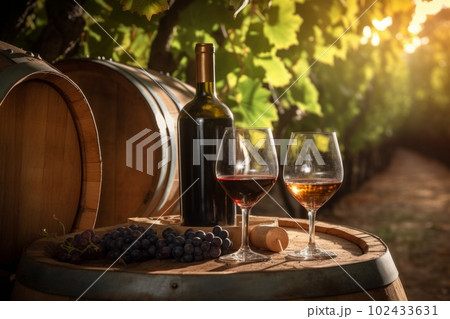 Wine bottle and glass of wine in vineyard at sunset. Grapes and barrel complete the scene. Generative AI. 102433631