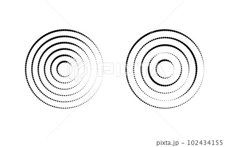 Circular ripple icons. Concentric circles with polka dot interrupted lines isolated on white background. Sonar wave, soundwave, vortex, sunburst, signal symbols 102434155