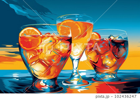 Vector Illustration of colorful cocktail at sunset. Generative AI 102436247