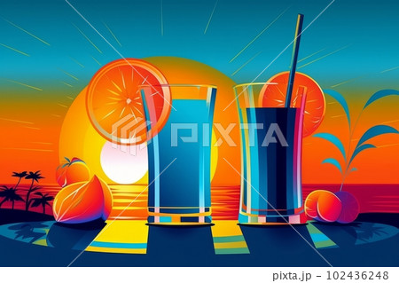 Vector Illustration of colorful cocktail at sunset. Generative AI Vector Illustration of colorful cocktail at sunset. Generative AI 102436248