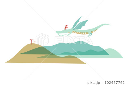 年賀状素材　空を飛ぶ龍と背景の山並のイラスト　水色 102437762