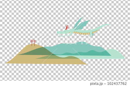 年賀状素材　空を飛ぶ龍と背景の山並のイラスト　水色 102437762