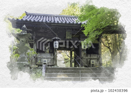 水彩画風　四国八十八箇所8番　熊谷寺　中門　徳島県阿波市 102438396