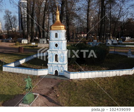 Kyiv, Ukraine November 11, 2021: Belfry of St. Sophia Cathedral in Kyiv - Museum of Miniatures in Kyiv 102439099