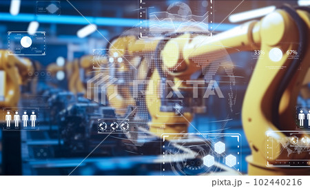 インダストリー4.0の環境でAIを使った工場製造ライン、AIとロボットによる工場自動化のイメージ 102440216