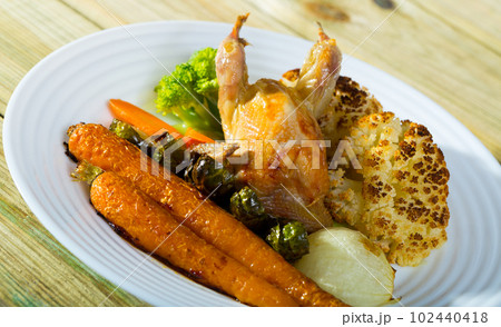 Partridge with vegetables in honey-mustard sauce 102440418