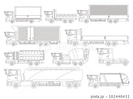 いろんな種類のトラックの線画イラストセット 102440431