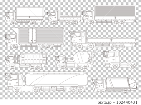 いろんな種類のトラックの線画イラストセット いろんな種類のトラックの線画イラストセット 102440431