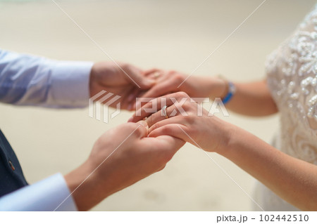Newlyweds exchange rings, groom puts the ring on the bride's hand. 102442510