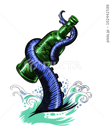 Octopus tentacle holding a bottle. Hand-drawn ink on paper and hand colored on tablet Octopus tentacle holding a bottle. Hand-drawn ink on paper and hand colored on tablet 102442586