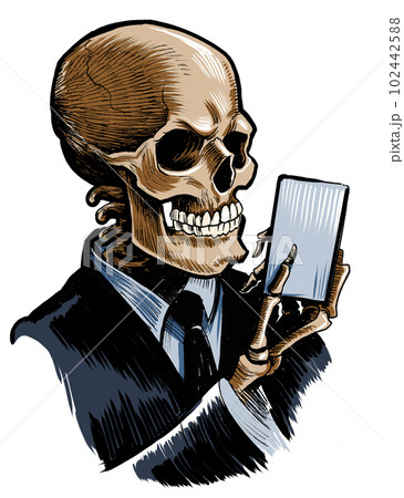 Human skeleton with playing cards. Hand-drawn ink on paper and hand colored on tablet Human skeleton with playing cards. Hand-drawn ink on paper and hand colored on tablet 102442588