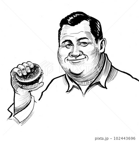 Man eating a burger. Ink black and white drawing Man eating a burger. Ink black and white drawing 102443696