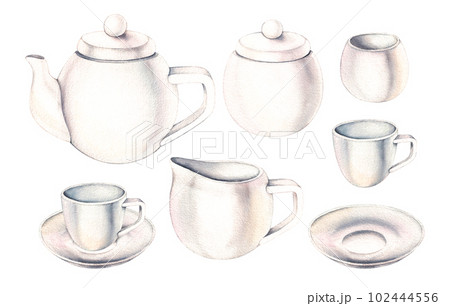 Watercolor set of white ceramic dishes on a white background Watercolor set of white ceramic dishes on a white background 102444556
