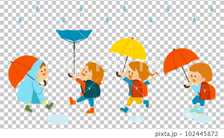 梅雨 傘をさす子供達のイラスト セット素材 梅雨 傘をさす子供達のイラスト セット素材 102445872