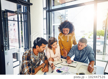 Furthering their reach through new markets. a team of designers having a meeting in an office. Furthering their reach through new markets. a team of designers having a meeting in an office. 102447526