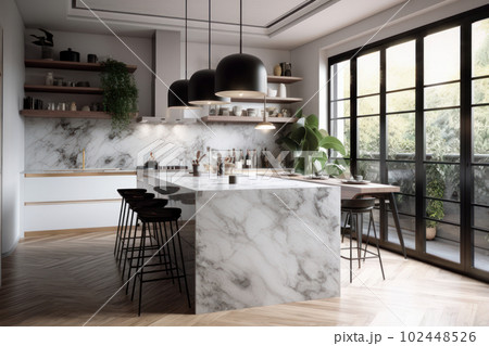 Contemporary kitchen design with a spacious and inviting atmosphere, featuring a luxurious marble countertop and practical appliances. AI Generative. 102448526