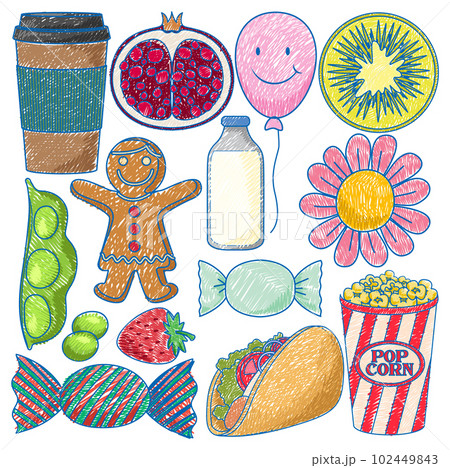 Foods and Snacks in Pencil Colour Sketch Simple Style Foods and Snacks in Pencil Colour Sketch Simple Style 102449843