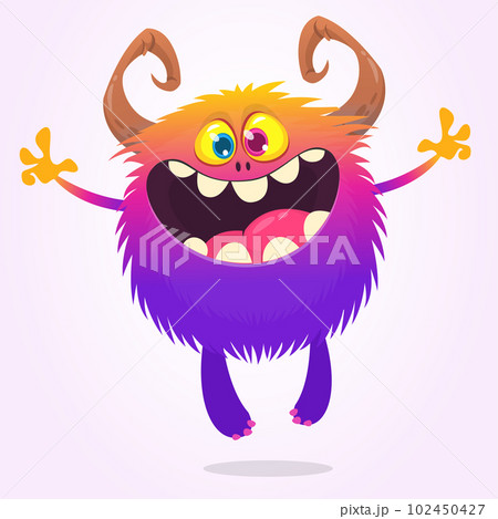 Funny cartoon smiling monster character. Halloween Illustration of happy alien creature. Vector isolated 102450427